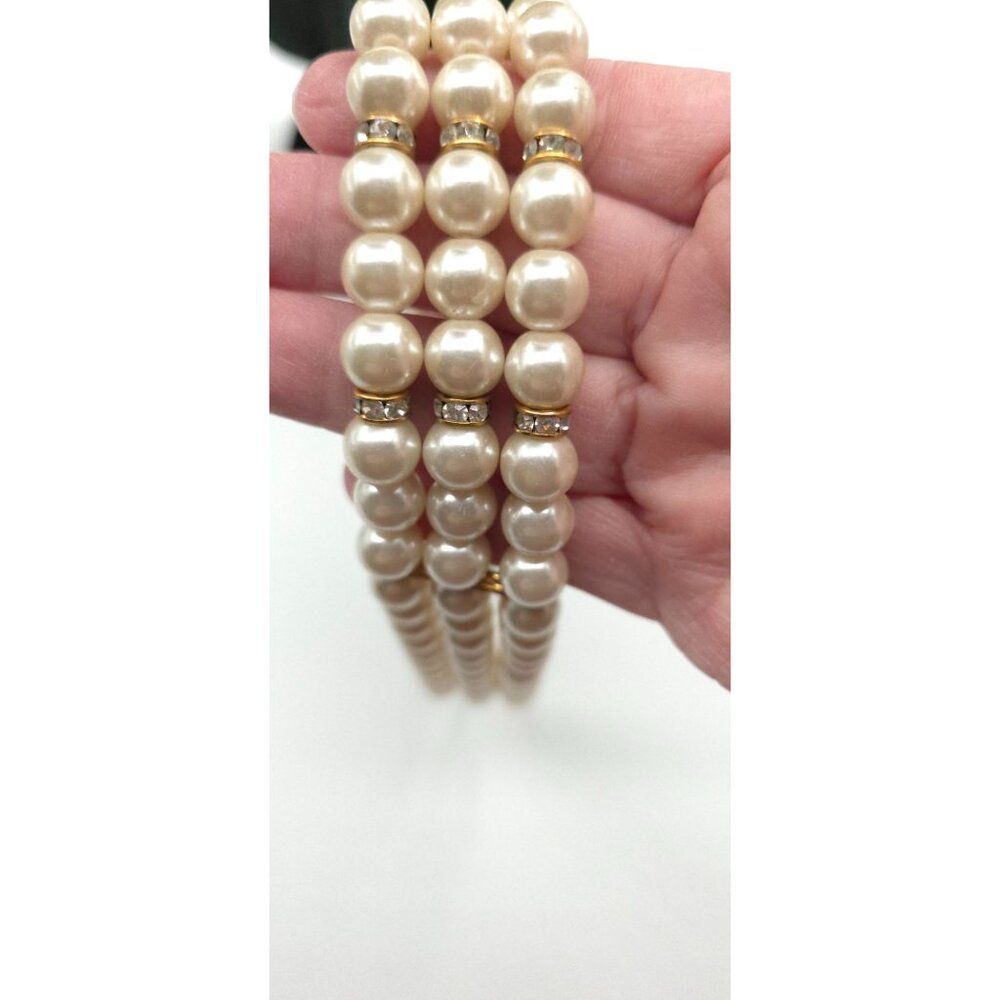 Elegant Multi Strand Cream Pearl Choker Necklace With Rhinestone Spacers - Picture 5 of 6